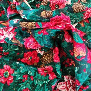 Red Green Floral Holly Pinecone Cotton Holiday Print Vintage Material - 72" x 42